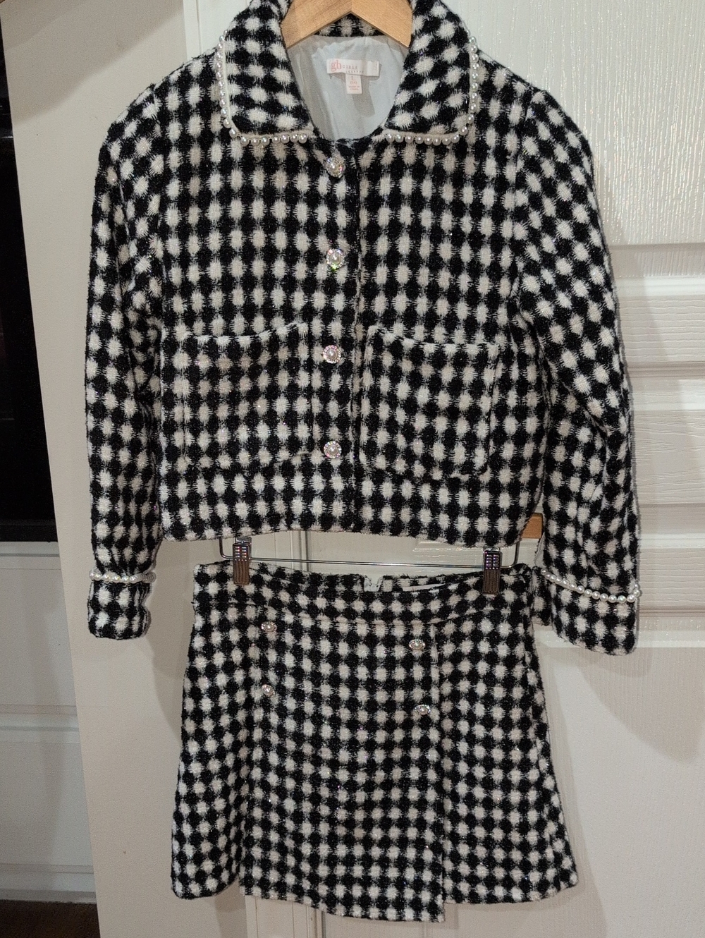 GB girls Black and White Check Tweed Jacket and Skirt Set With Pearl Detailing